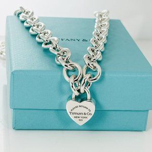 18" Return to Tiffany & Co Heart Padlock Lock Pendant Chain Necklace in Silver